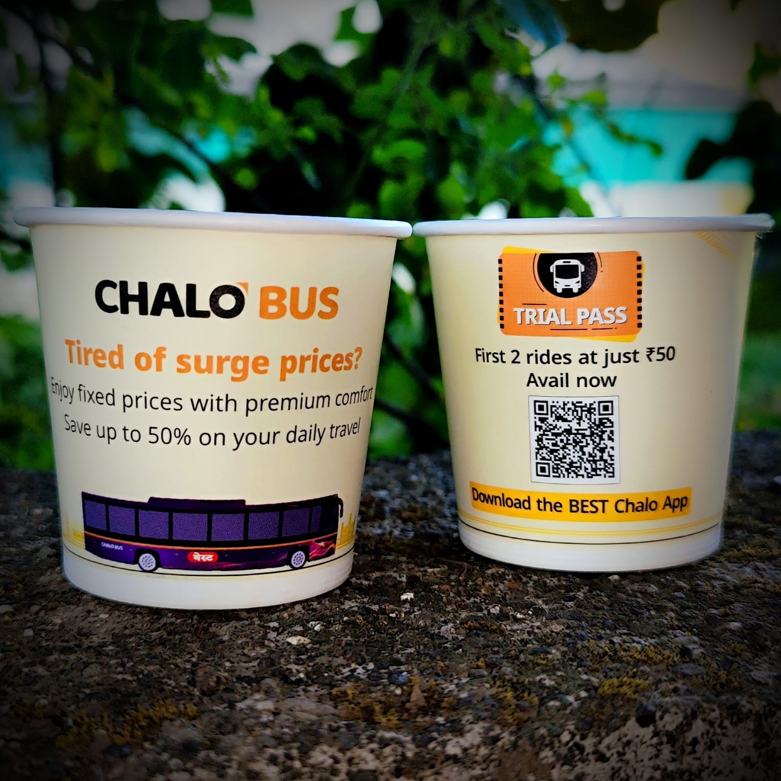 Paper cups for the promotion of an App - Chalo Bus